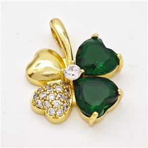 Copper Clover Pendant Pave Zirconia Green Crystal Glass Gold Plated, approx 20-24mm