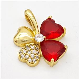 Copper Clover Pendant Pave Zirconia Red Crystal Glass Gold Plated, approx 20-24mm