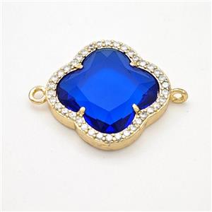 Blue Crystal Glass Copper Clover Connector Pave Zirconia Gold Plated, approx 20mm