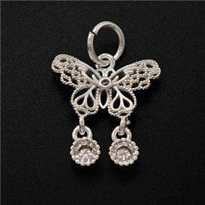 Copper Butterfly Pendant Pave Zirconia Shiny Silver, approx 8-15mm, 4mm