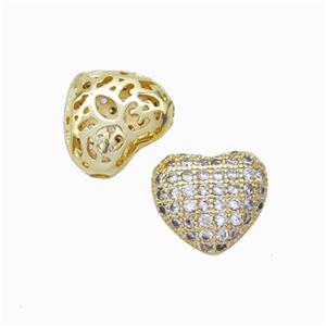 Copper Heart Beads Micropave Zirconia Hollow Gold Plated, approx 11mm