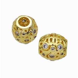 Copper Barrel Beads Micropave Zirconia Large Hole Gold Plated, approx 9-10mm, 4mm hole