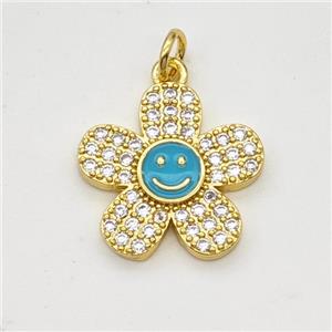 Copper Sunflower Pendant Pave Zirconia Teal Enamel Smileface Gold Plated, approx 17mm