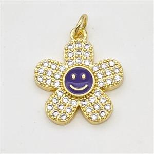 Copper Sunflower Pendant Pave Zircoina Purple Enamel Smileface Gold Plated, approx 17mm