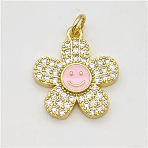 Copper Sunflower Pendant Pave Zircoina Pink Enamel Smileface Gold Plated, approx 17mm