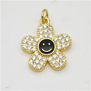 Copper Sunflower Pendant Pave Zircoina Black Enamel Smileface Gold Plated, approx 17mm