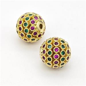 Copper Round Beads Micropave Multicolor Zirconia Hollow Gold Plated, approx 10mm