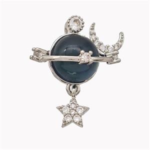 Copper Sun Pendant Pave Black Cateye Glass Moon Star Platinum Plated, approx 7mm, 10mm