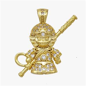 Monkey King Charms Copper Wukong Pendant Micropave Zirconia Gold Plated, approx 16-23mm