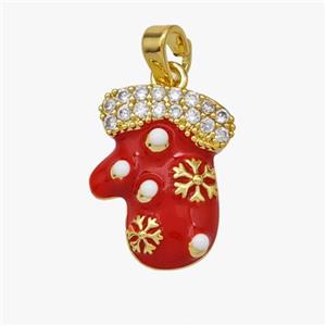 Christmas Mitten Charms Copper Pendant Pave Zirconia Red Enamel Gold Plated, approx 13-18mm