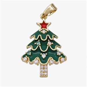 Christmas Tree Copper Pendant Pave Zirconia Green Enamel Gold Plated, approx 16-21mm