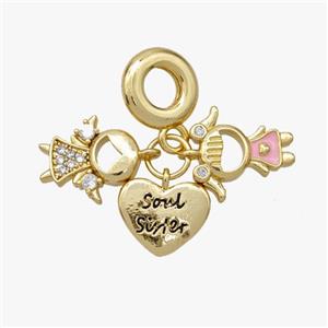 Copper Kids And Heart Pendant Pave Zirconia Painted Gold Plated, approx 12mm, 12-13mm, 10mm