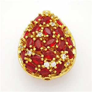 Copper Teardrop Beads Micropave Red Crystal Glass Gold Plated, approx 21-26mm