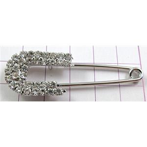 rhinestone Brooch, clip pin, copper, platinum plated, 55mm length