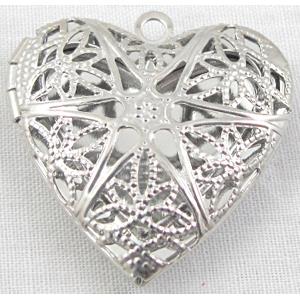 Locket Pendant, Heart, Copper, Platinum Plated, 25mm dia