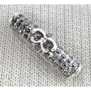 bracelet bar, alloy tube paved rhinestone, antique silver, approx 6x26mm, 4mm hole