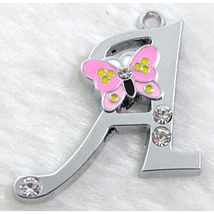 Alphabet bead pendants, A-letter, enamel butterfly, rhinestone, 30x30mm, Platinum plated