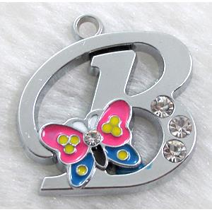 Alphabet pendants, B-letter, enamel butterfly, rhinestone, 30x30mm, Platinum plated