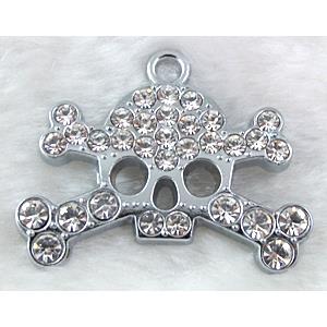 skull Pendants, rhinestone, alloy, platinum plated, 43x35mm