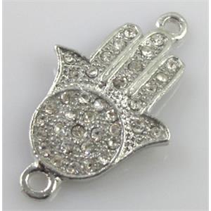 Hamsahand bracelet bar, alloy connector with Rhinestone, platinum plated, 20x33mm