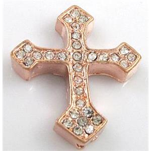 bracelet bar, cross with rhinestone, alloy bead, red copper, 30x36mm