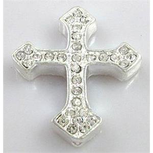 bracelet bar, cross with rhinestone, alloy bead, silver, 30x36mm