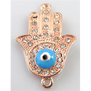 Hamsahand, evil-eye bracelet bar, alloy connector with rhinestone, red copper pl, 22x35mm