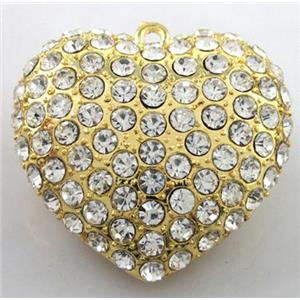 heart alloy peadant with rhinestone, gold, 45mm wide