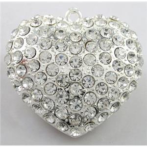 heart alloy peadant with rhinestone, silver, 45mm wide