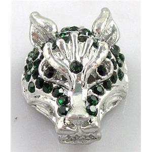 Bracelet bar, alloy bead with rhinestone, wolf, 22x30mm