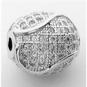 copper bead with zircon rhinestone, platinum plated, 12mm dia