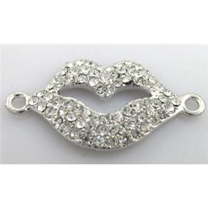 bracelet bar, lip charm, alloy with Rhinestone, platinum plated, 38x20mm