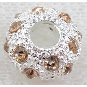 alloy bead with rhinestone, silver plated, 11-12mm dia, hole:5mm