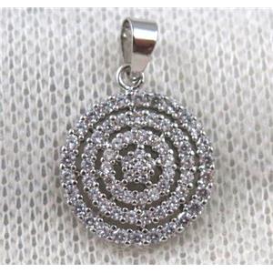 copper sun pendant paved zircon, platinum plated, approx 15mm dia