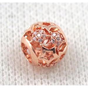 round copper bead paved zircon, hollow, rose gold, approx 8x10mm, 5mm hole