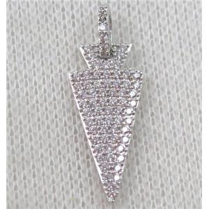 copper arrowhead pendant paved zircon, platinum plated, approx 10x30mm