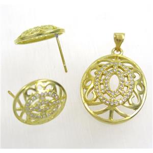 Raw Brass pendant and earring studs paved zircon, approx 19x23mm, 13x15mm