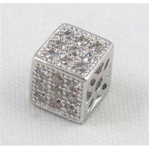 Zircon, bracelet spacer, copper bead, platinum plated, 8x8x8mm