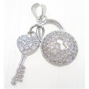 copper lock-key pendant paved zircon, platinum plated, approx 8-18mm