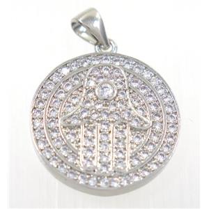 copper Hamsahand pendant paved zircon, platinum plated, approx 20mm dia