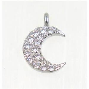 copper Crescent moon pendant paved zircon, platinum plated, approx 8.5mm dia