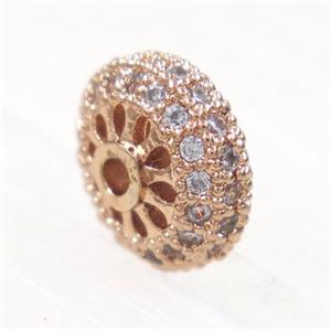 copper rondelle beads paved zircon, rose gold, approx 8mm dia