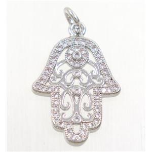 copper hamsahand pendant paved zircon, platinum plated, approx 15x20mm