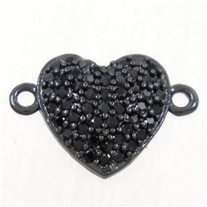 copper heart connector paved zircon, black plated, approx 10mm dia