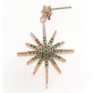 copper northstar earring studs paved green zircon, rose gold, approx 24-32mm