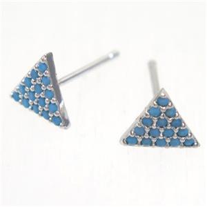 copper triangle earring studs paved zircon, platinum plated, approx 8x8mm