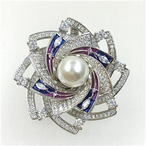 copper flower brooches pave zircon with pearl, revolvable, platinum plated, approx 40mm dia