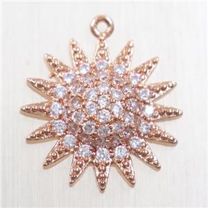 copper sun pendant paved zircon, rose gold, approx 18mm dia