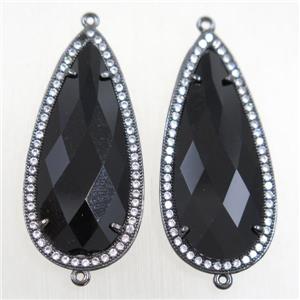 copper teardrop connector paved zircon with black crystal glass, black plated, approx 18-40mm