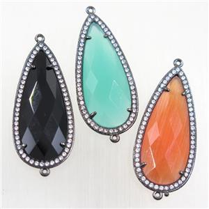 copper teardrop connector paved zircon with crystal glass, black plated, mix color, approx 18-40mm